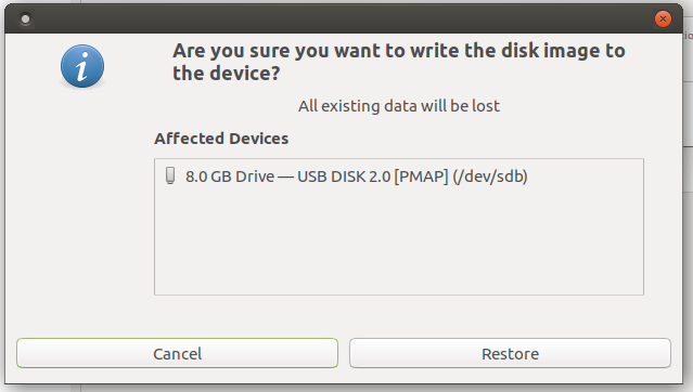 Экранный снимок GNOME Disks при подтверждении восстановления