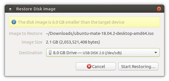 Capture d'écran du message de restauration de l'image disque